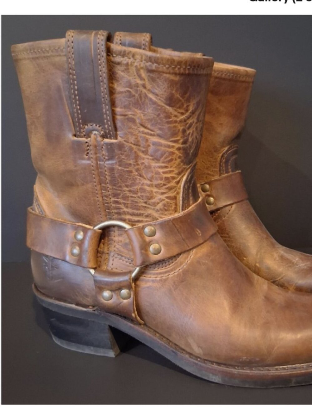 $399 Frye Harness 8R Cognac Brown Real Leather Distressed Cowboy Calf Ankle Boot